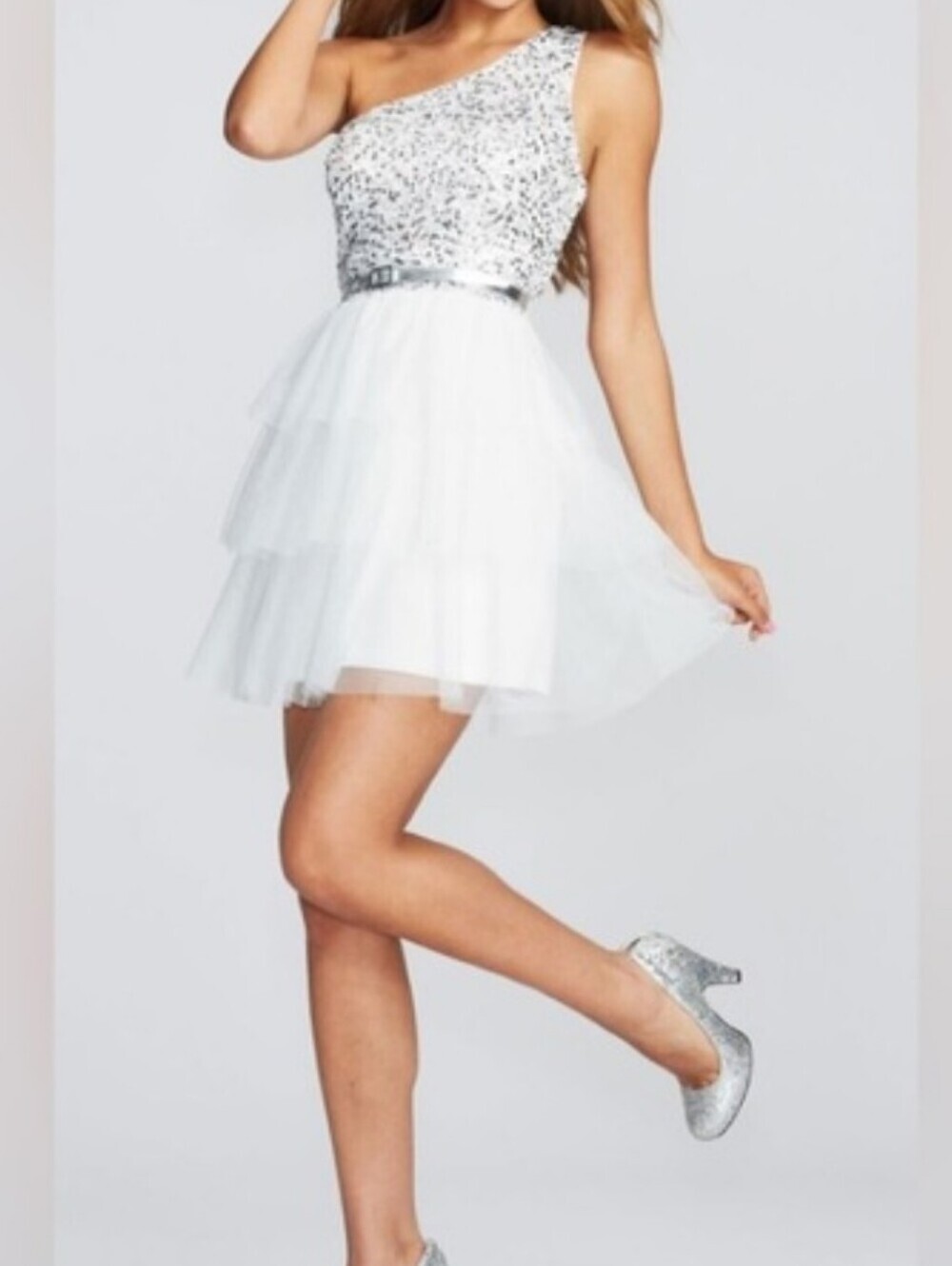 Y2K Delia's White Sequin Upper Tulle Skirt One Shoulder Mini Party Dress Size 3